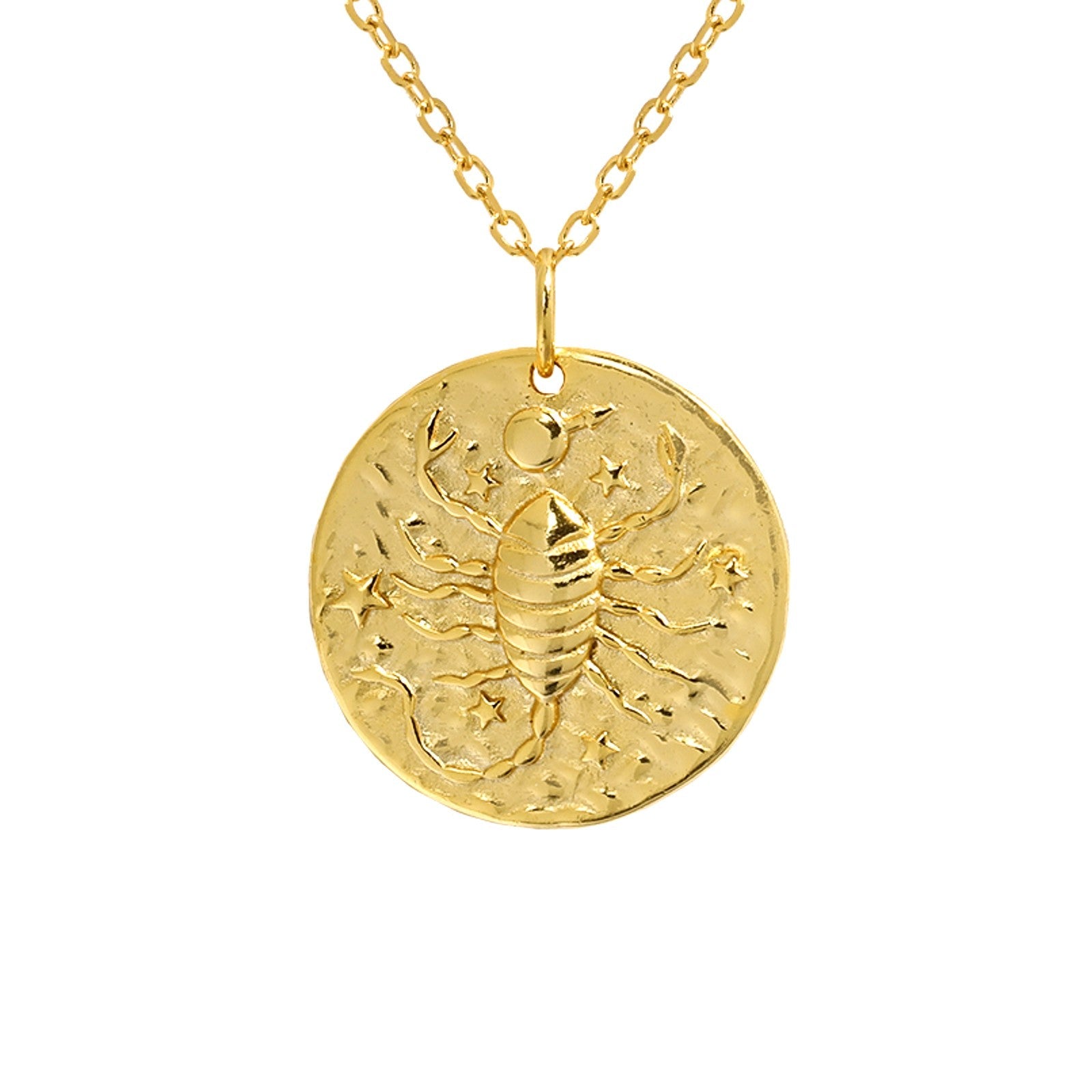 Collier signe astrologique Scorpion en plaqué or 18 carats avec pendentif rond gravé d’un scorpion entouré d’étoiles, chaîne délicate, bijou élégant et lumineux. Idée cadeau femme.